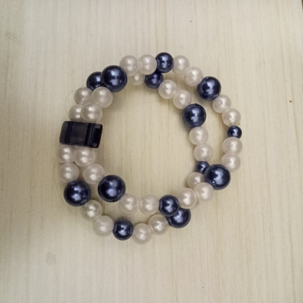Hand Crafted Pearl and blue crystal beaded cuff statement bracelet